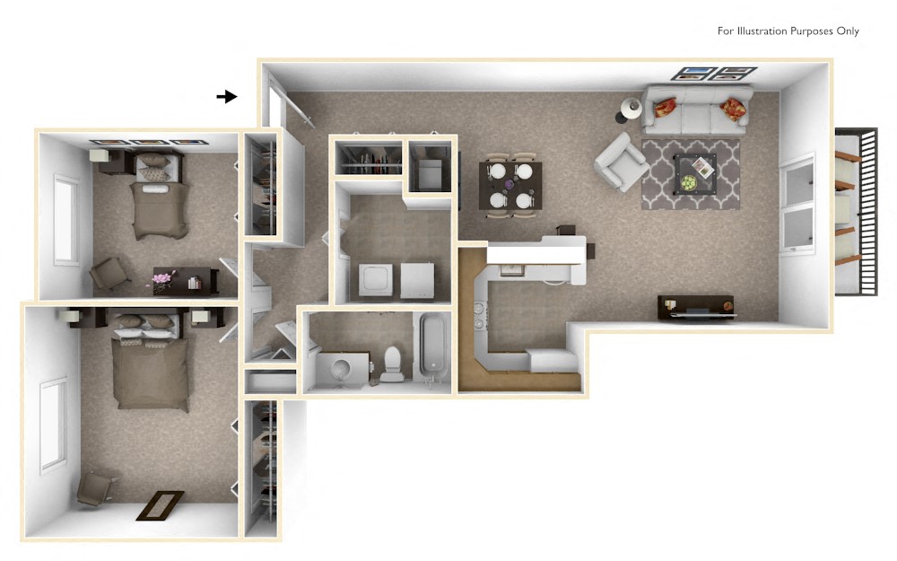 Floor plan for 2 beds, 1 bath, 936 sqft